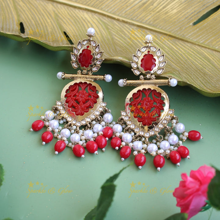 Bollywood inspired Statement flower carved leaf design balis with white colour stone pearls and beads