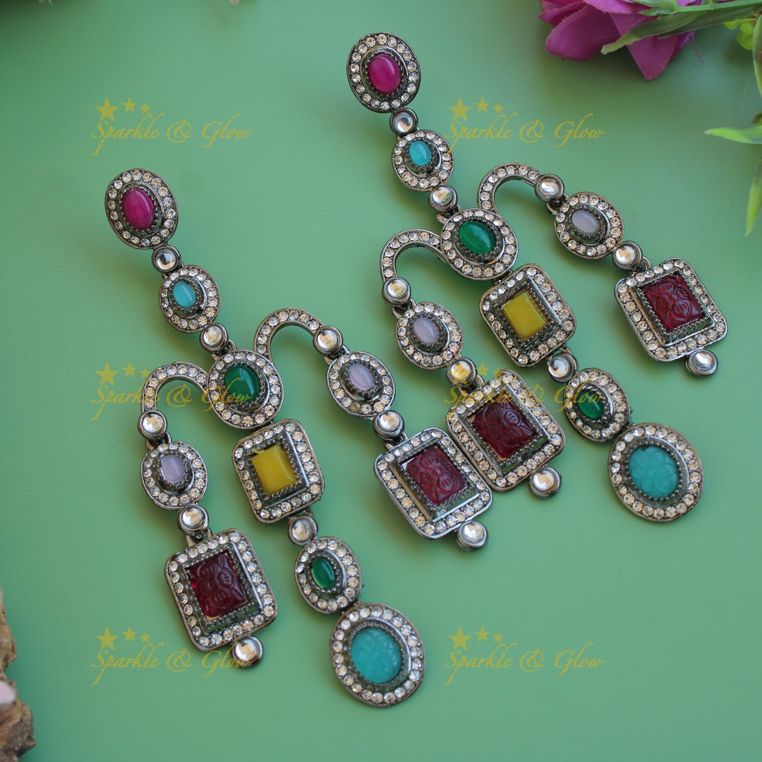 Bollywood inspired Gorgeous three layer victorian black finish earrings with stones