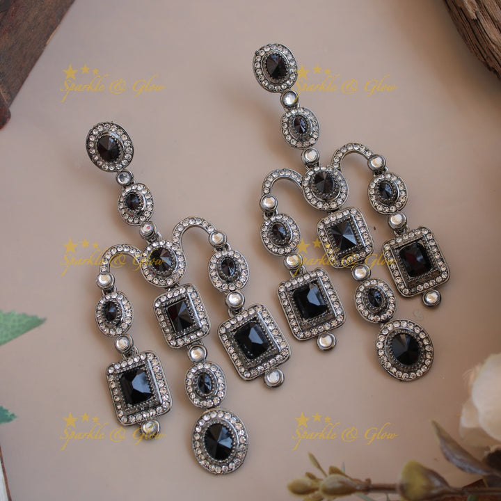 Bollywood inspired Gorgeous three layer victorian black finish earrings with stones