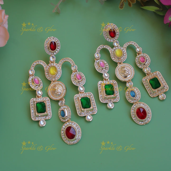 Bollywood inspired Sabyasachi Beautiful three layer lion face carved victorian gold finish earrings with stones