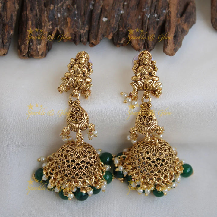 Grand intricate Lakshmi peacock bridal choker with green beads with maang tikka - Sparkle and Glow