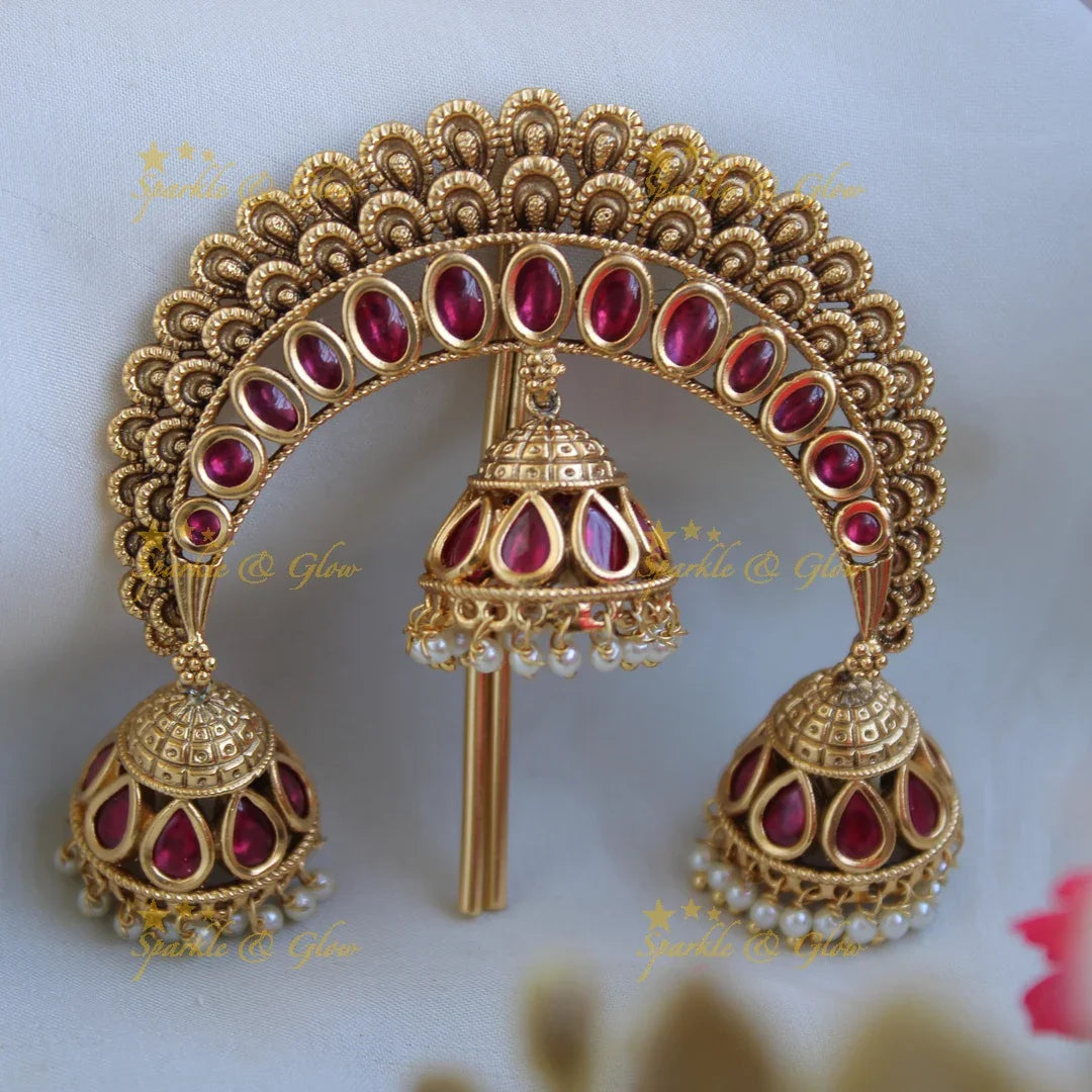 Grand Gold Alike jadau Hair Pin with jhumuka drops - Sparkle and Glow