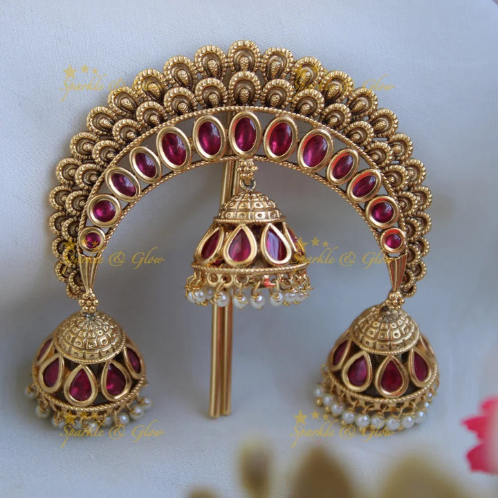 Grand Gold Alike jadau Hair Pin with jhumuka drops - Sparkle and Glow