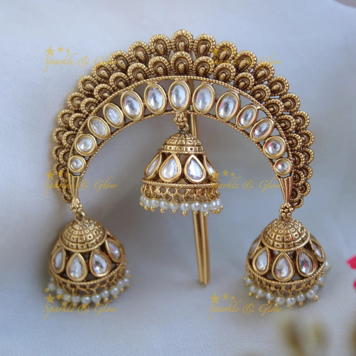 Grand Gold Alike jadau Hair Pin with jhumuka drops - Sparkle and Glow