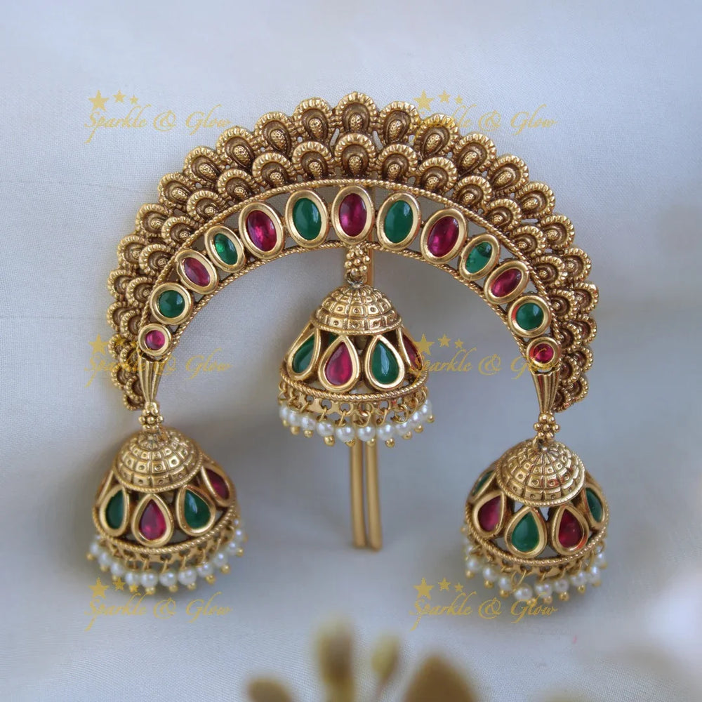 Grand Gold Alike jadau Hair Pin with jhumuka drops - Sparkle and Glow