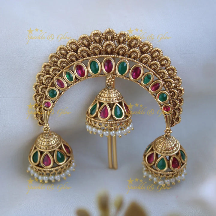 Grand Gold Alike jadau Hair Pin with jhumuka drops - Sparkle and Glow