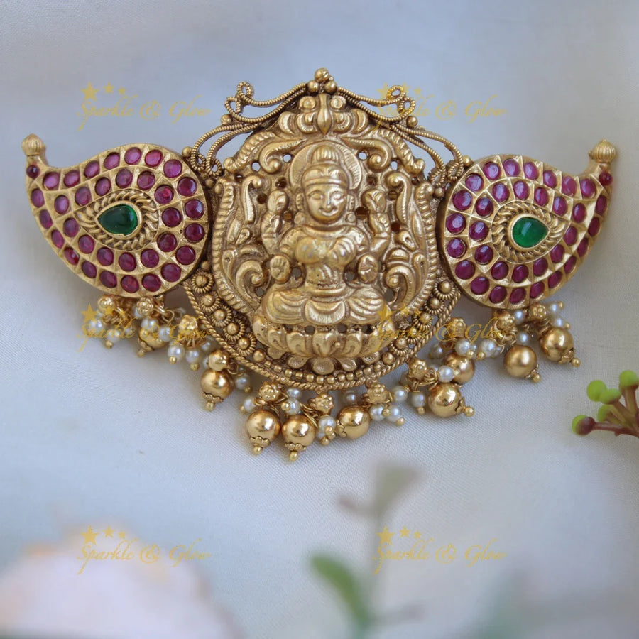 Elegant Gold alike Lakshmi carved kemp stone Hair Clip with Gold Beads - Sparkle and Glow