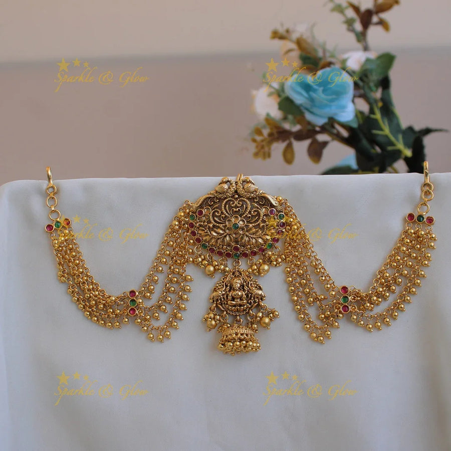 Grand Intricate Lakshmi peacock carved antique Jada billa with maatil with gold beads - Sparkle and Glow