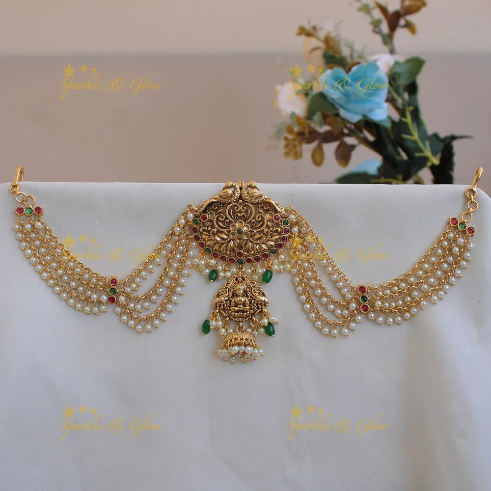 Grand Intricate Lakshmi peacock carved antique Jada billa with maatil with gold beads - Sparkle and Glow