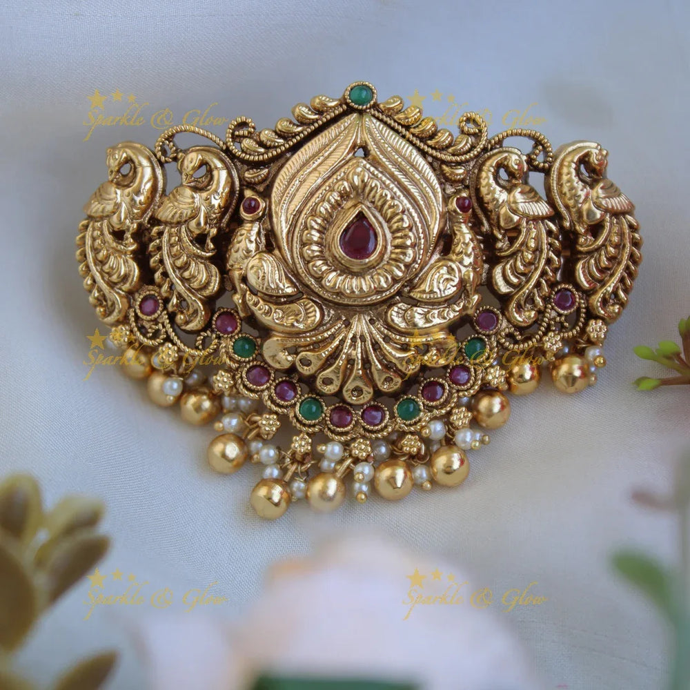 Stunning Gold alike peacock carved Hair Clip with Gold Beads and multi colour stones - Sparkle and Glow