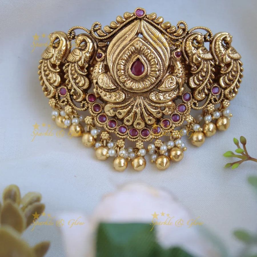 Stunning Gold alike peacock carved Hair Clip with Gold Beads and multi colour stones - Sparkle and Glow