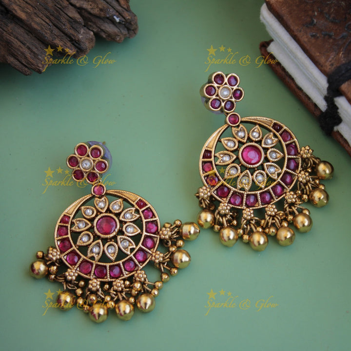 Elegant floral kemp stone chandbalis with gold beads