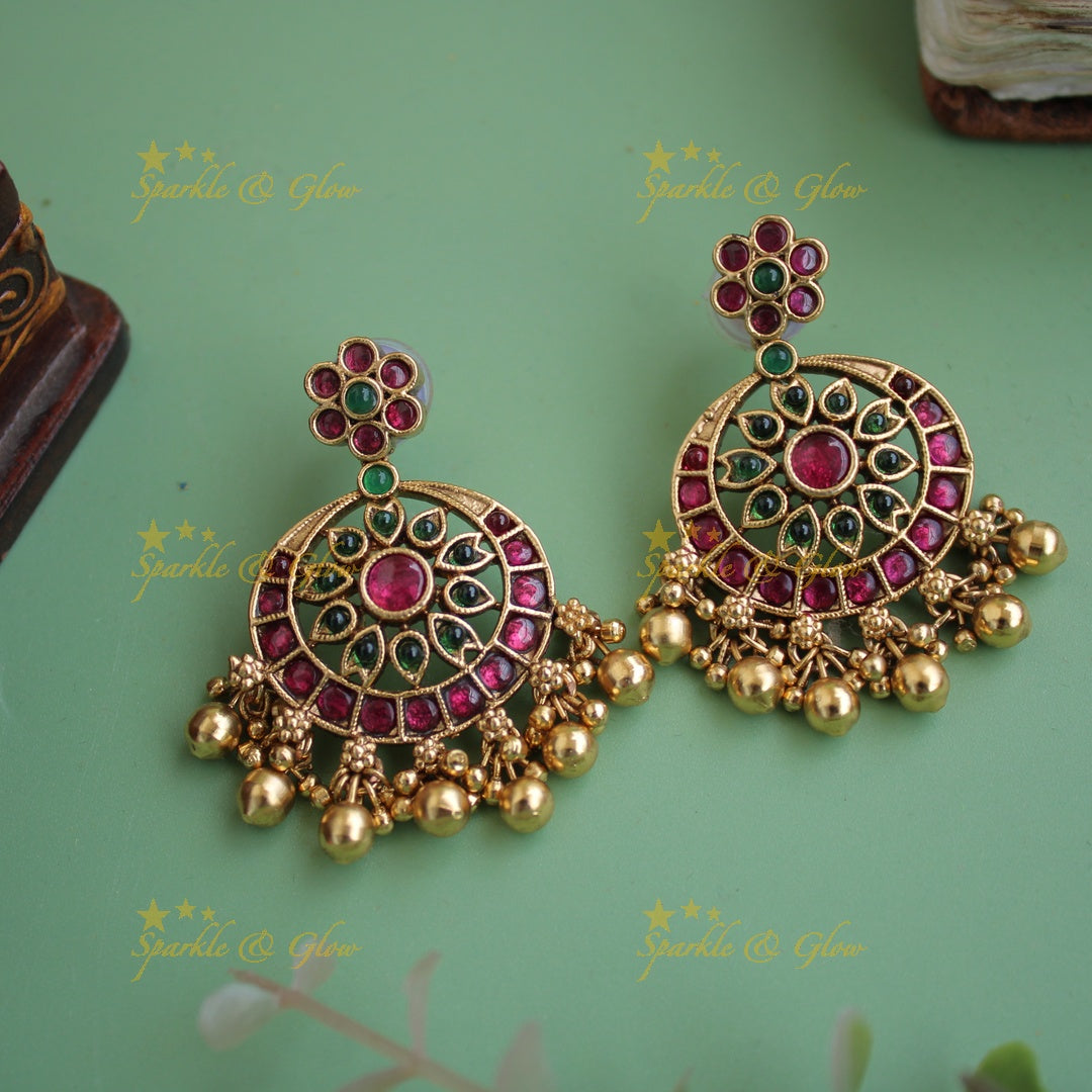 Elegant floral kemp stone chandbalis with gold beads