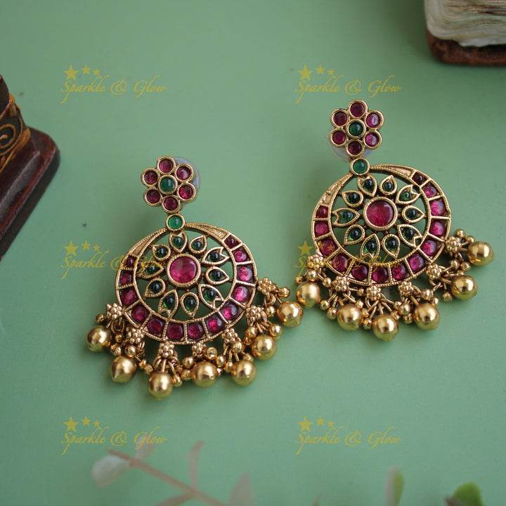 Elegant floral kemp stone chandbalis with gold beads
