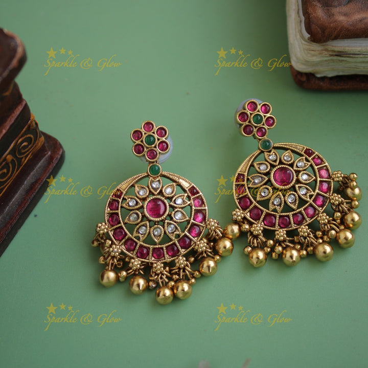 Elegant floral kemp stone chandbalis with gold beads