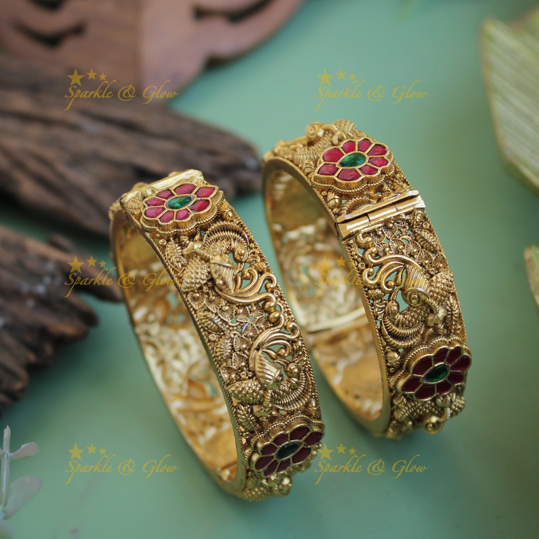 Grand intricate gold alike Peacock flower carved jadau kadas a pair