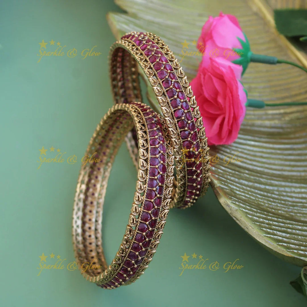 Elegant kemp stone leaf design bangles a pair - Sparkle and Glow