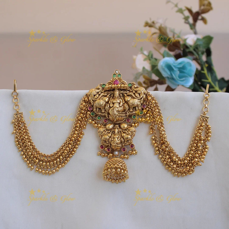 Exclusive Lakshmi elephant carved antique Jada billa with maatil with gold beads - Sparkle and Glow