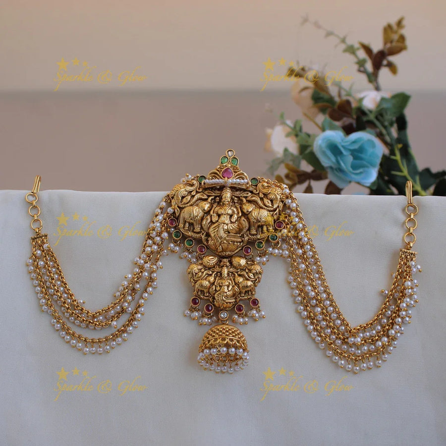 Exclusive Lakshmi elephant carved antique Jada billa with maatil with pearls - Sparkle and Glow