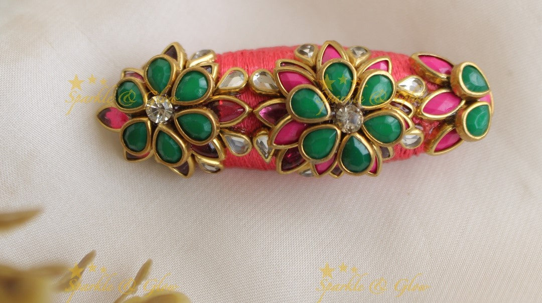 Elegant Emerald Floral Silk Thread SareePin