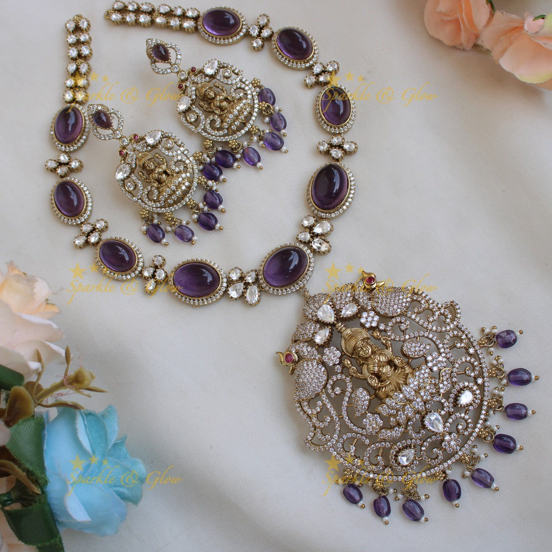 Stunning Lakshmi peacock carved victorian AD short necklace with stones beads - green
