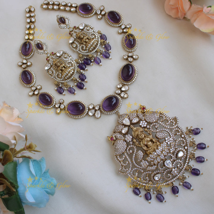Stunning Lakshmi peacock carved victorian AD short necklace with stones beads - green