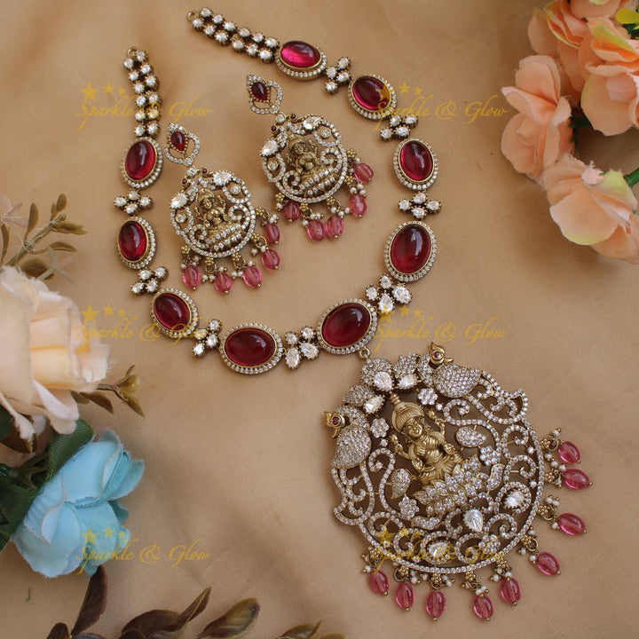 Stunning Lakshmi peacock carved victorian AD short necklace with stones beads - green