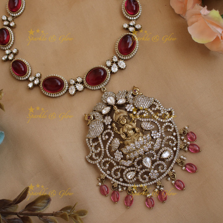 Stunning Lakshmi peacock carved victorian AD short necklace with stones beads - red