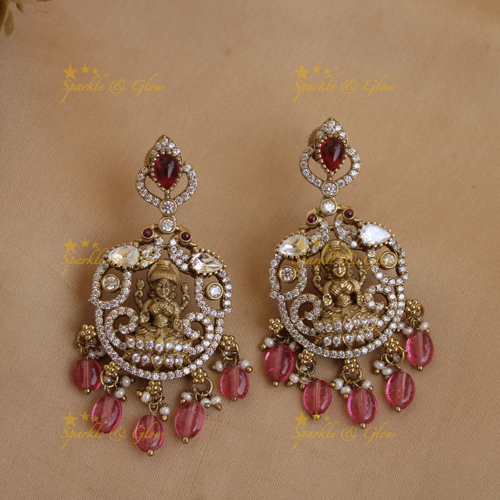 Stunning Lakshmi peacock carved victorian AD short necklace with stones beads - red