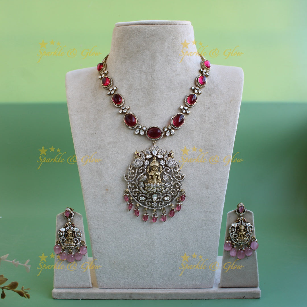 Stunning Lakshmi peacock carved victorian AD short necklace with stones beads - red