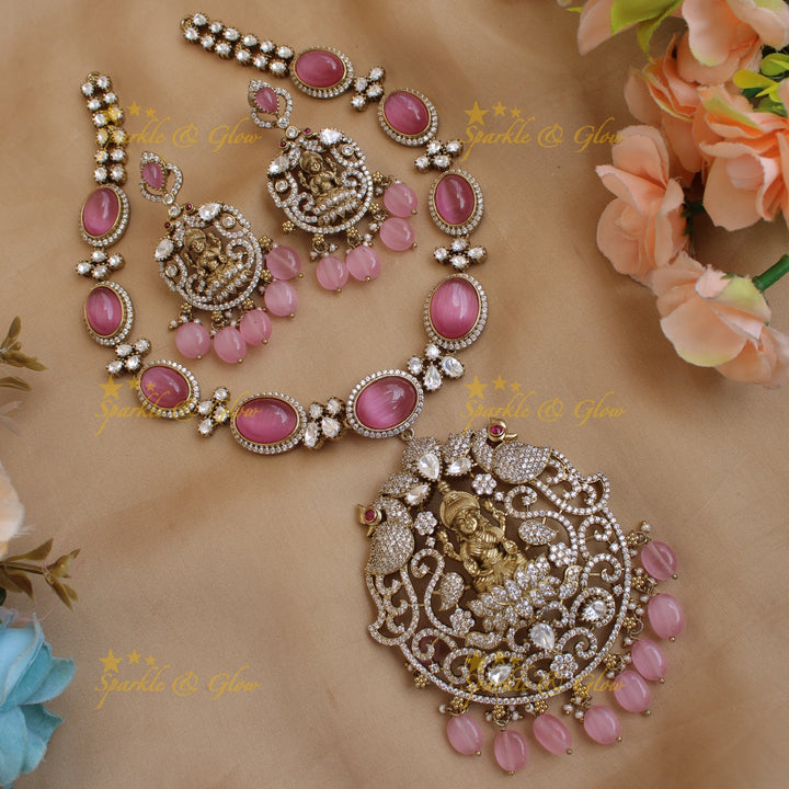 Stunning Lakshmi peacock carved victorian AD short necklace with stones beads - baby pink