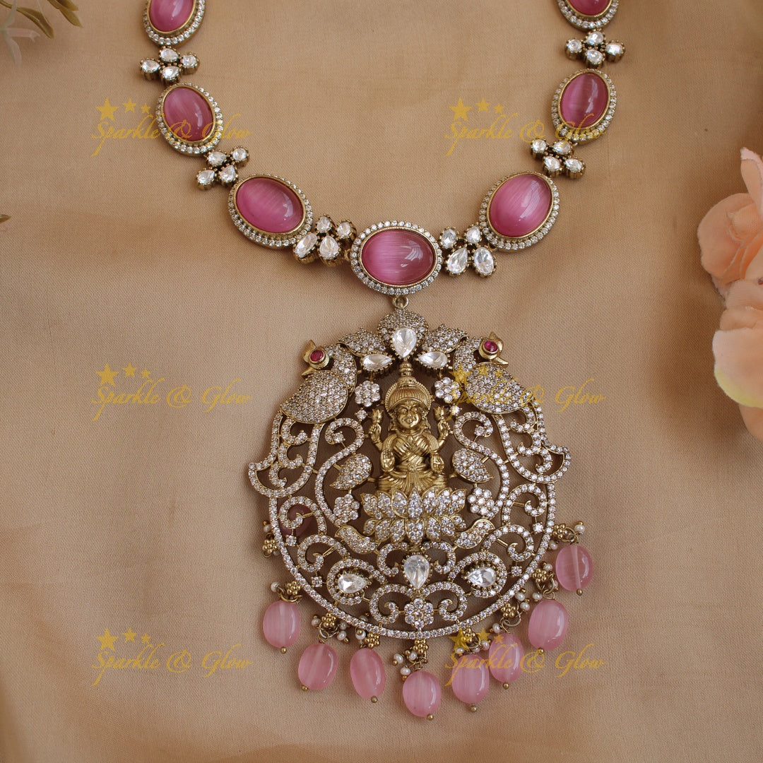 Stunning Lakshmi peacock carved victorian AD short necklace with stones beads - baby pink
