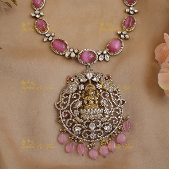 Stunning Lakshmi peacock carved victorian AD short necklace with stones beads - baby pink