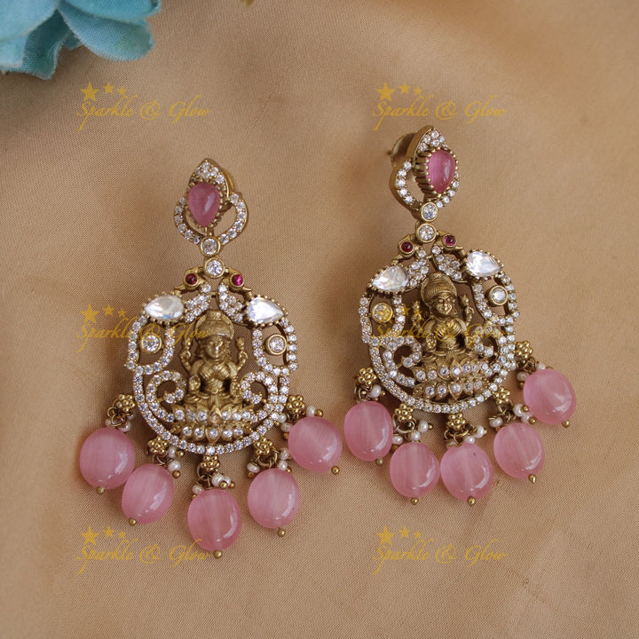 Stunning Lakshmi peacock carved victorian AD short necklace with stones beads - baby pink