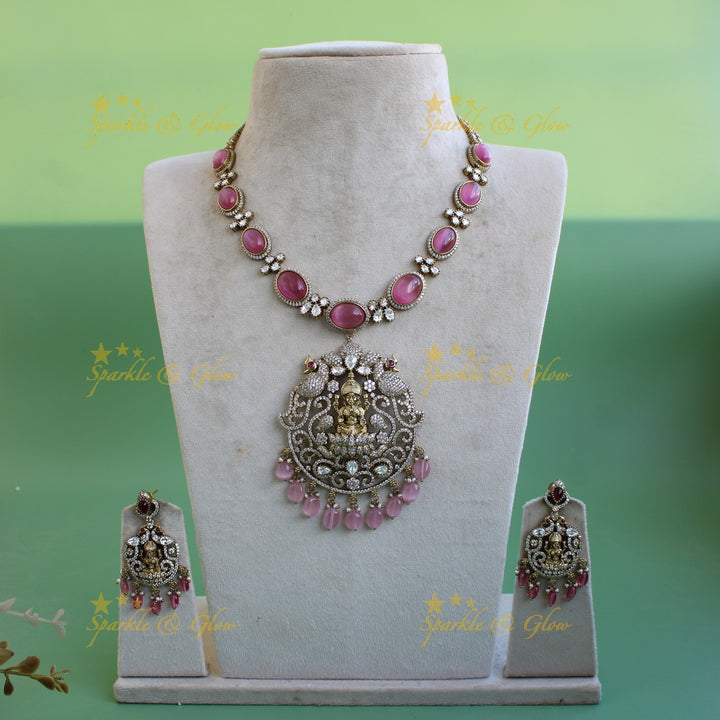 Stunning Lakshmi peacock carved victorian AD short necklace with stones beads - baby pink