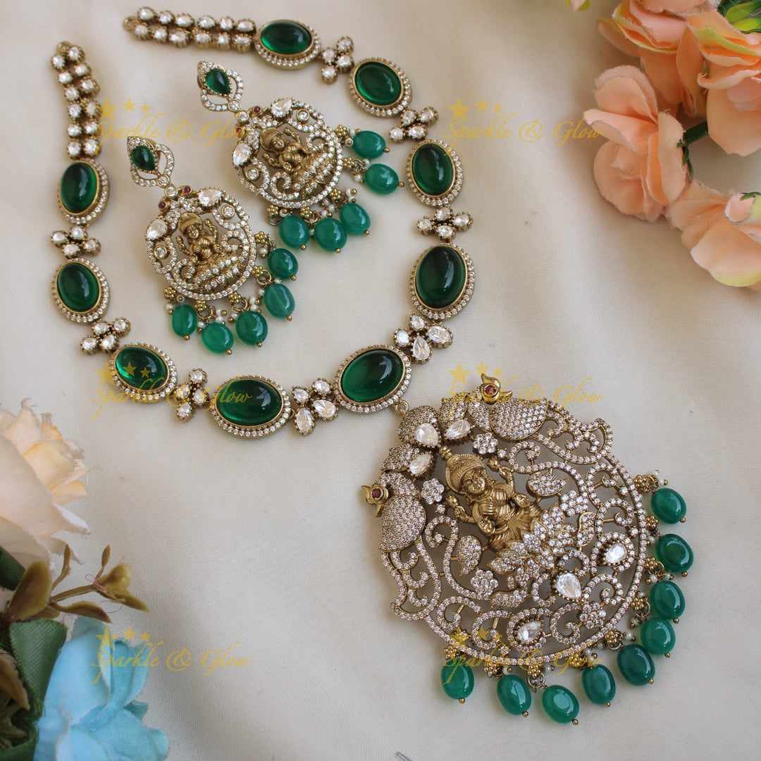 Stunning Lakshmi peacock carved victorian AD short necklace with stones beads - baby pink
