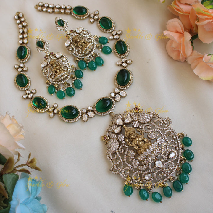 Stunning Lakshmi peacock carved victorian AD short necklace with stones beads - baby pink