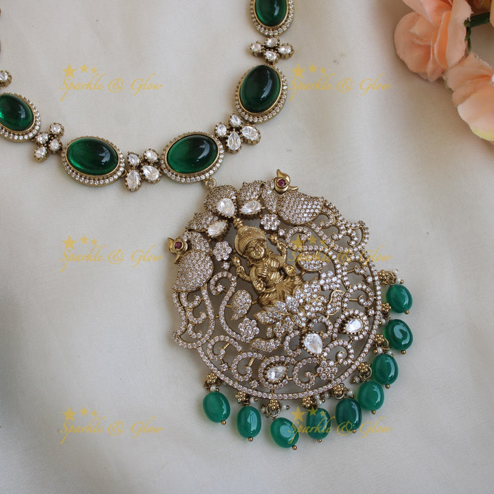 Stunning Lakshmi peacock carved victorian AD short necklace with stones beads - green