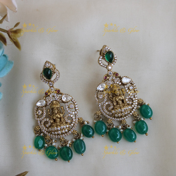 Stunning Lakshmi peacock carved victorian AD short necklace with stones beads - green