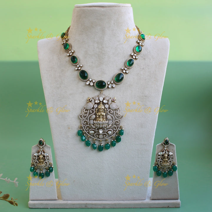 Stunning Lakshmi peacock carved victorian AD short necklace with stones beads - green