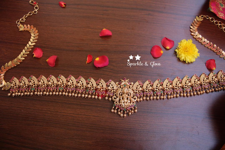 Premium quality antique polished peacock carved Lakshmi hip chain with kemp stones -Multi