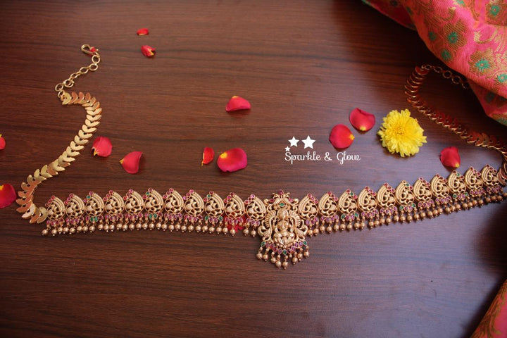 Premium quality antique polished peacock carved Lakshmi hip chain with kemp stones - Kemp Green