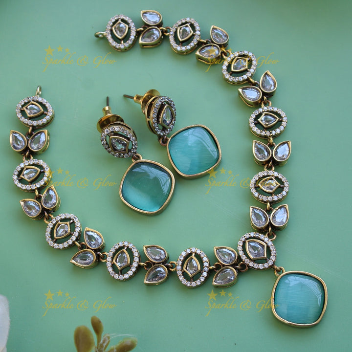 Beautiful Leaflet design victorian AD short necklace with sea blue stone