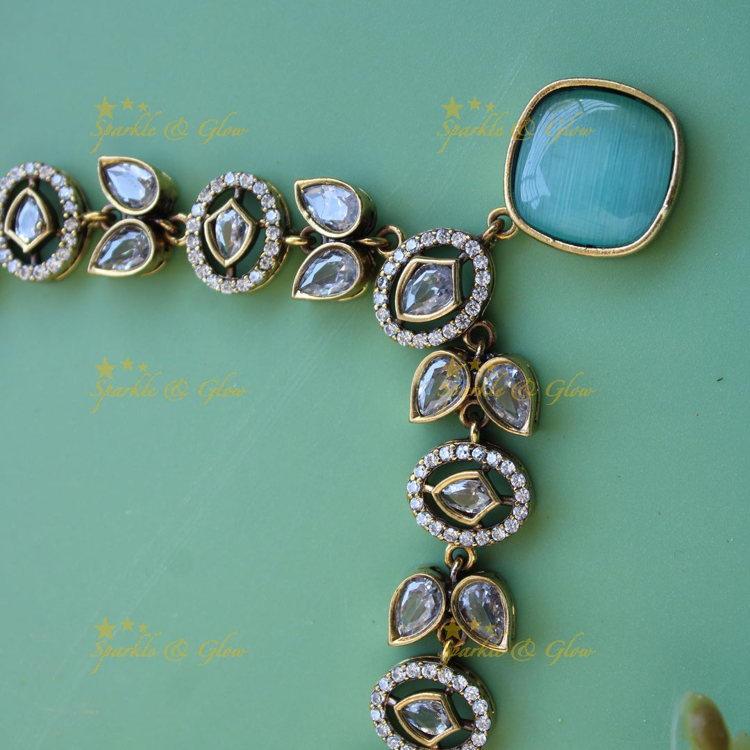 Beautiful Leaflet design victorian AD short necklace with sea blue stone