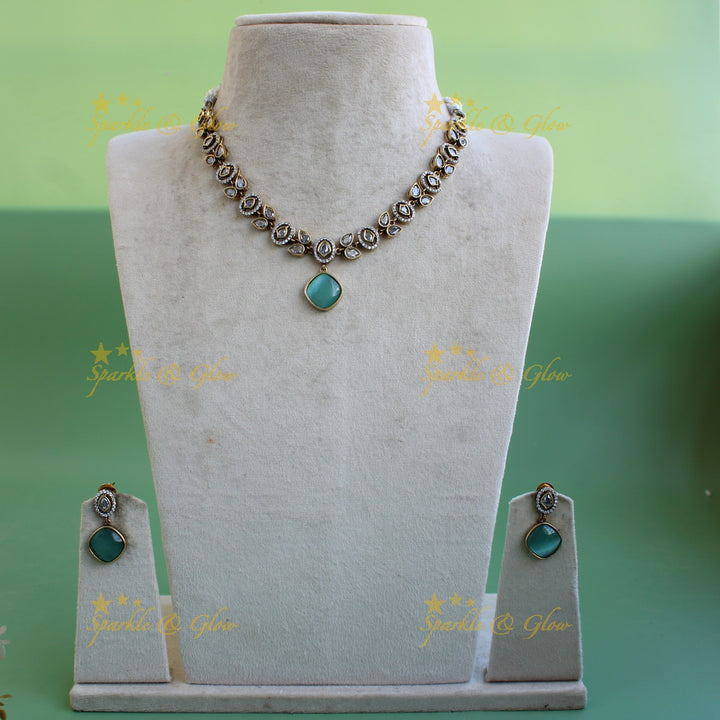 Beautiful Leaflet design victorian AD short necklace with sea blue stone