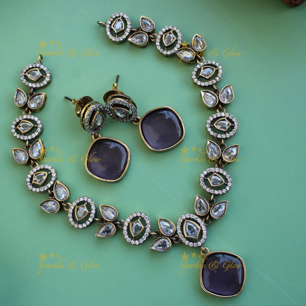Beautiful Leaflet design victorian AD short necklace with sea blue stone - Sparkle and Glow