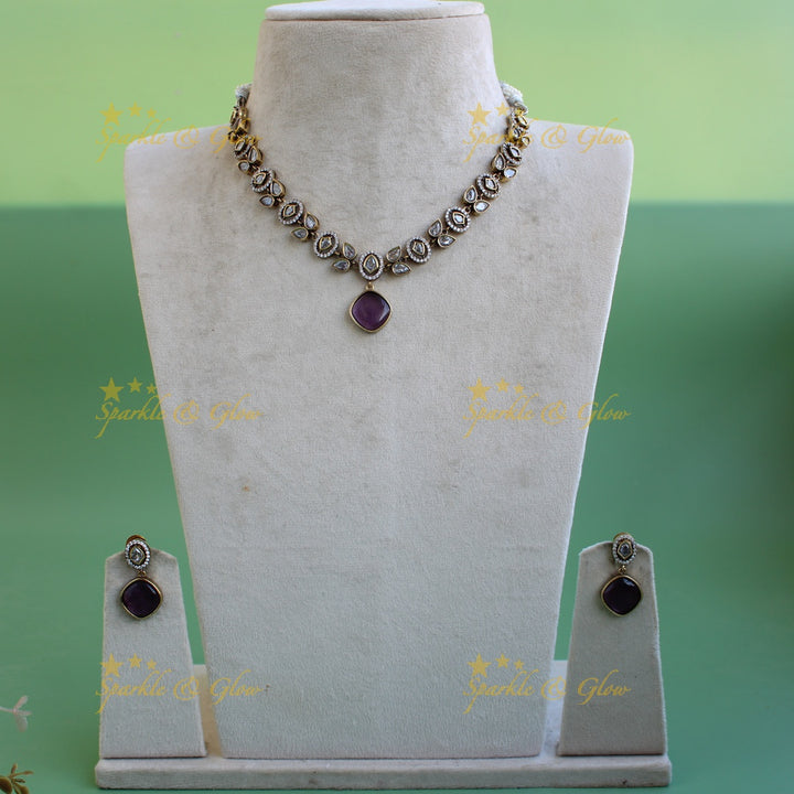 Beautiful Leaflet design victorian AD short necklace with purple stone