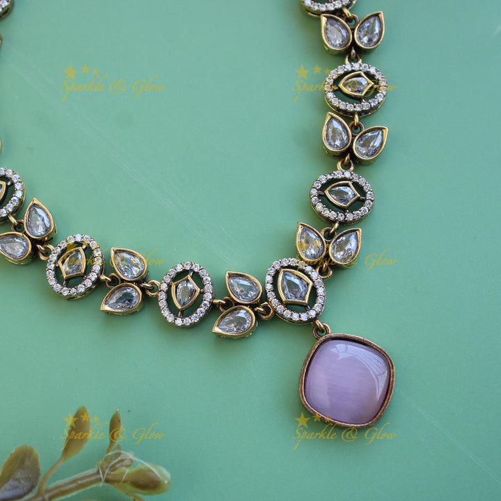 Beautiful Leaflet design victorian AD short necklace with baby pink stone