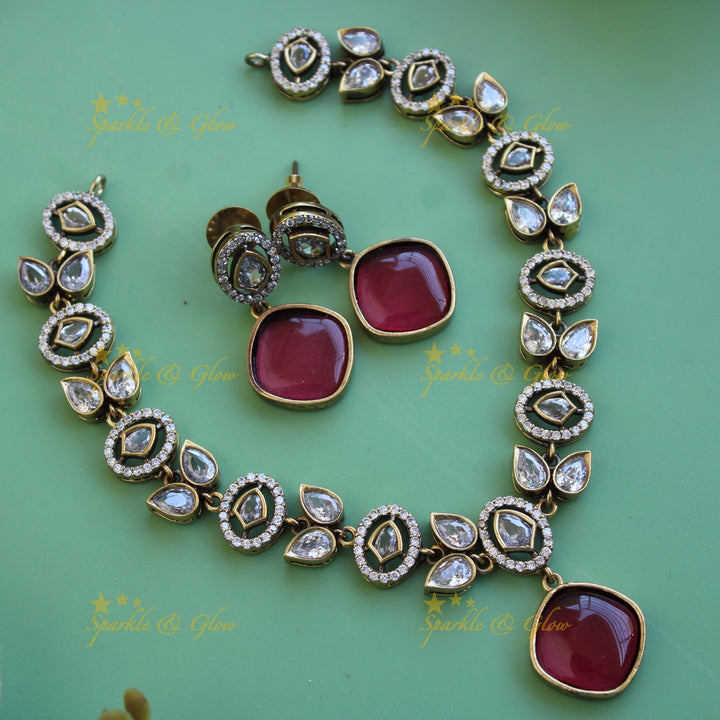 Beautiful Leaflet design victorian AD short necklace with red stone