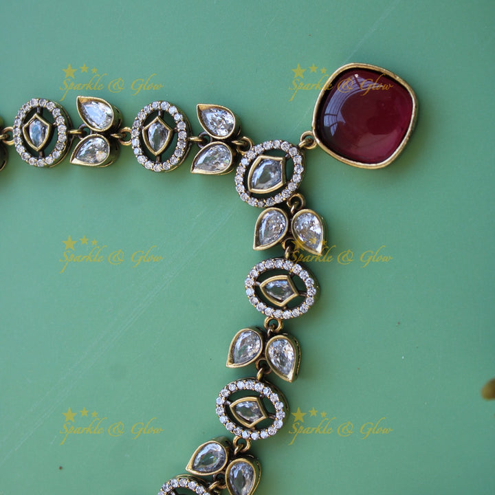 Beautiful Leaflet design victorian AD short necklace with red stone
